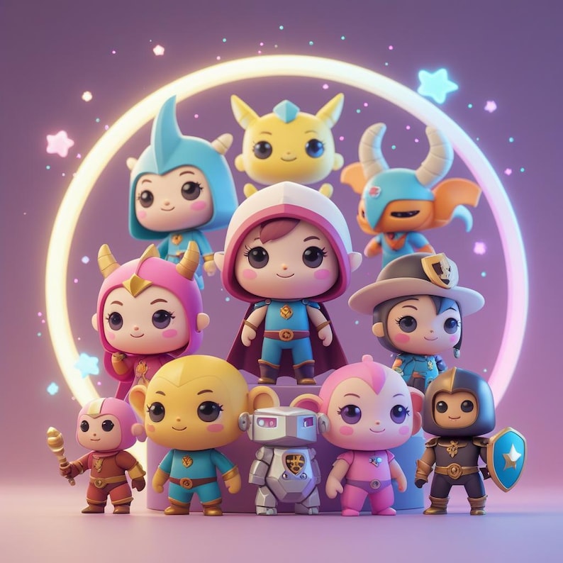 May include: A collection of eleven cartoon-style figures with large eyes and various costumes. The figures are in a variety of colors, including blue, yellow, pink, and brown. Some figures have helmets, capes, or hats. The background is a gradient of purple with a glowing circle.