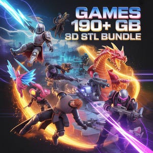 May include: A digital artwork showcasing fantasy characters and a red dragon. The text "GAMES 190+ GB 3D STL BUNDLE" is displayed. The image has a dark background with bright, glowing effects, creating a dynamic and action-packed scene.