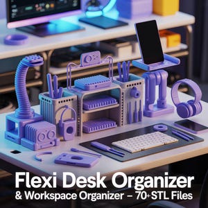 Puede incluir: Una colecci&oacute;n de organizadores de escritorio y accesorios morados, que incluyen portal&aacute;pices, un soporte para tel&eacute;fono, auriculares y un teclado. Los art&iacute;culos est&aacute;n dispuestos sobre un escritorio blanco, con el texto "Flexi Desk Organizer & Workspace Organizer - 70+ STL Files" en la parte inferior.