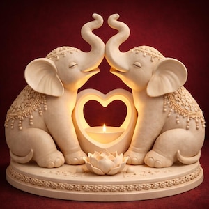 May include: A cream-colored elephant figurine set. Two elephants face each other with trunks touching, forming an arch. A heart-shaped cutout holds a lit candle. The elephants are decorated with intricate patterns and sit on a round base.