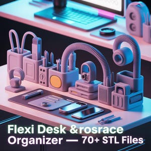 Puede incluir: Un juego de organizadores de escritorio en tonos grises y azules, con varios compartimentos para bol&iacute;grafos, l&aacute;pices y otros &uacute;tiles de oficina. El juego incluye un soporte para auriculares, un soporte para tel&eacute;fono y una l&aacute;mpara flexible. El texto "Flexi Desk & rosrace Organizer - 70+ STL Files" es visible.