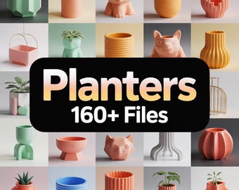 Puede incluir: Una cuadrícula de macetas coloridas de varias formas y tamaños. Las macetas son en tonos de rosa, naranja, verde y azul. Algunas son cilíndricas, otras geométricas y algunas tienen forma de animales. La imagen incluye el texto "Planters 160+ Files."