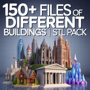 Può includere: Illustrazione digitale che mostra una collezione di edifici diversi, tra cui un grattacielo, una chiesa, una baita e un tempio greco. L'immagine presenta il testo "150+ FILES OF DIFFERENT BUILDINGS | STL PACK" in lettere bianche.