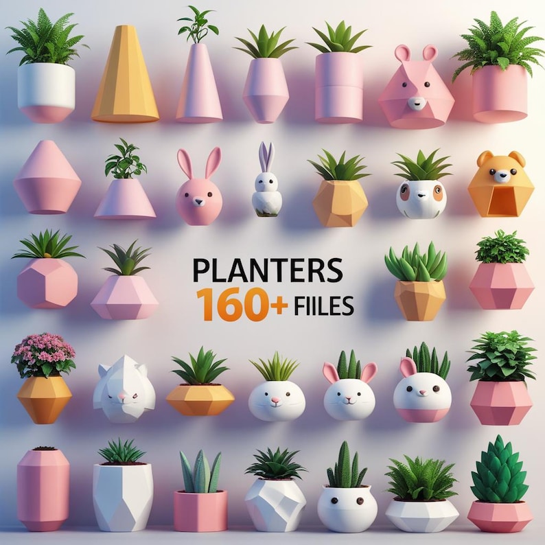 May include: A collection of decorative planters in various shapes and colors, including pink, white, and yellow. Some planters are shaped like animals, such as bears and rabbits. The text "PLANTERS 160+ FILES" is displayed.