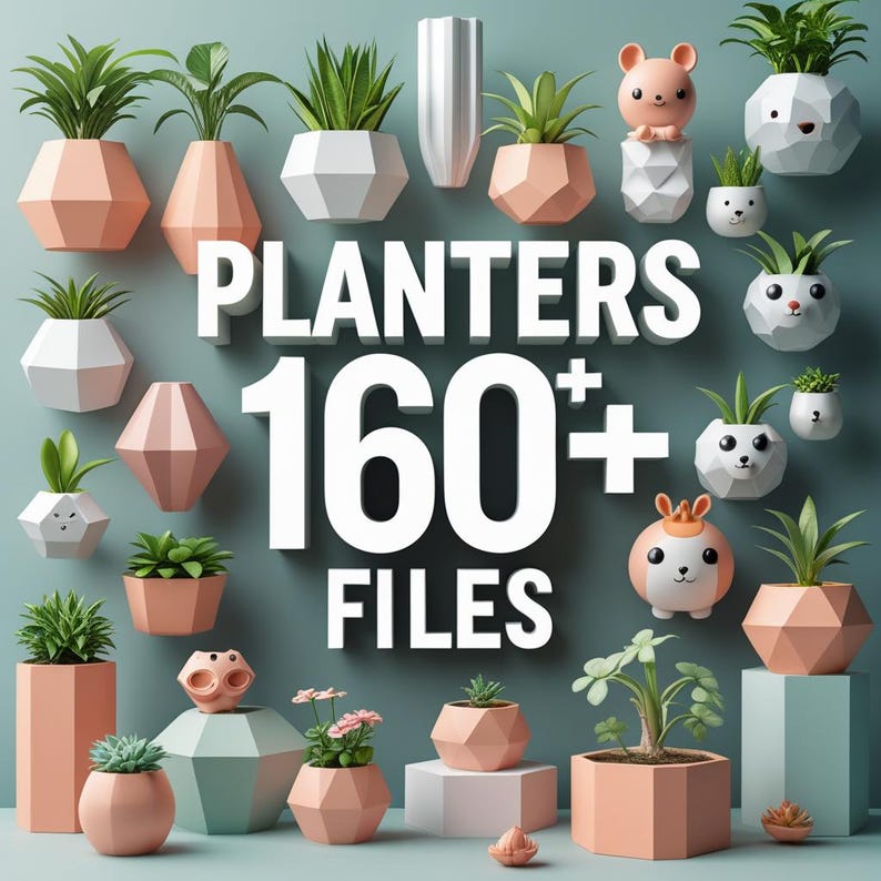 May include: A collection of geometric planters in various shapes and colors, including peach, white, and gray. The image features a variety of potted plants and the text "PLANTERS 160+ FILES".