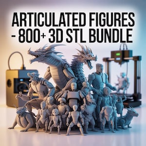 May include: A collection of gray articulated figures, including dragons, robots, and humanoids, are displayed in front of a 3D printer. The image includes the text "ARTICULATED FIGURES - 800+ 3D STL BUNDLE" in bold, black letters.