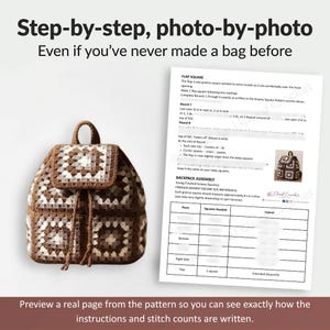 May include: A handmade crochet backpack in shades of brown and cream, featuring a granny square design. The bag has a flap closure, drawstring, and side pockets. Accompanying the bag is a pattern sheet with instructions and diagrams for making the backpack.