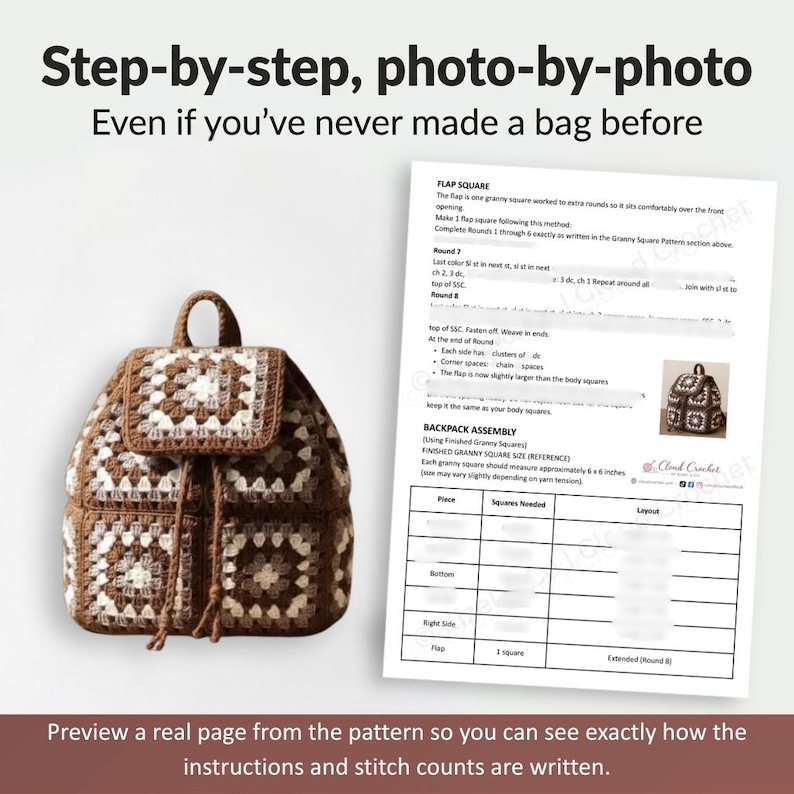 May include: A handmade crochet backpack in shades of brown and cream, featuring a granny square design. The bag has a flap closure, drawstring, and side pockets. Accompanying the bag is a pattern sheet with instructions and diagrams for making the backpack.