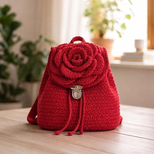 May include: A red crochet backpack featuring a rose design on the front. It has a drawstring closure and a metal clasp. The bag is displayed on a wooden table.