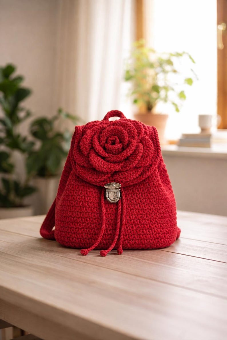 May include: A red crochet backpack featuring a rose design on the front. It has a drawstring closure and a metal clasp. The bag is displayed on a wooden table.