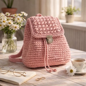 K&ouml;nnte beinhalten: Handgefertigter, rosa geh&auml;kelter Rucksack mit Klappe und Kordelzug. Die Tasche hat ein strukturiertes Stichmuster und einen Metallverschluss. Der Rucksack steht auf einem Holztisch, mit einer Teetasse, einer Brille und einem Notizbuch.