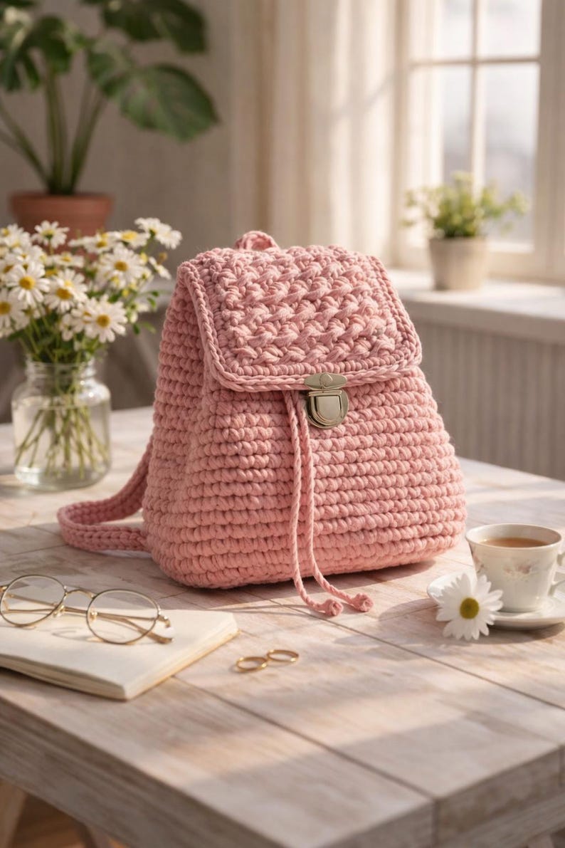 K&ouml;nnte beinhalten: Handgefertigter, rosa geh&auml;kelter Rucksack mit Klappe und Kordelzug. Die Tasche hat ein strukturiertes Stichmuster und einen Metallverschluss. Der Rucksack steht auf einem Holztisch, mit einer Teetasse, einer Brille und einem Notizbuch.