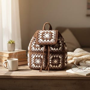 May include: A brown and white crochet backpack with a flap closure and drawstring. The bag features a granny square design and has two small front pockets. It sits on a wooden table with a cup of coffee, books, and a succulent.