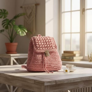 K&ouml;nnte beinhalten: Ein rosa geh&auml;kelter Rucksack mit Klappe und Kordelzug. Die Tasche hat ein strukturiertes Muster auf der Klappe und einen Metallverschluss. Er steht auf einem Holztisch, mit einer Teetasse und einer Blume in der N&auml;he.
