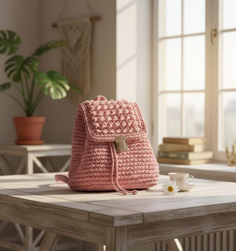 K&ouml;nnte beinhalten: Ein rosa geh&auml;kelter Rucksack mit Klappe und Kordelzug. Die Tasche hat ein strukturiertes Muster auf der Klappe und einen Metallverschluss. Er steht auf einem Holztisch, mit einer Teetasse und einer Blume in der N&auml;he.