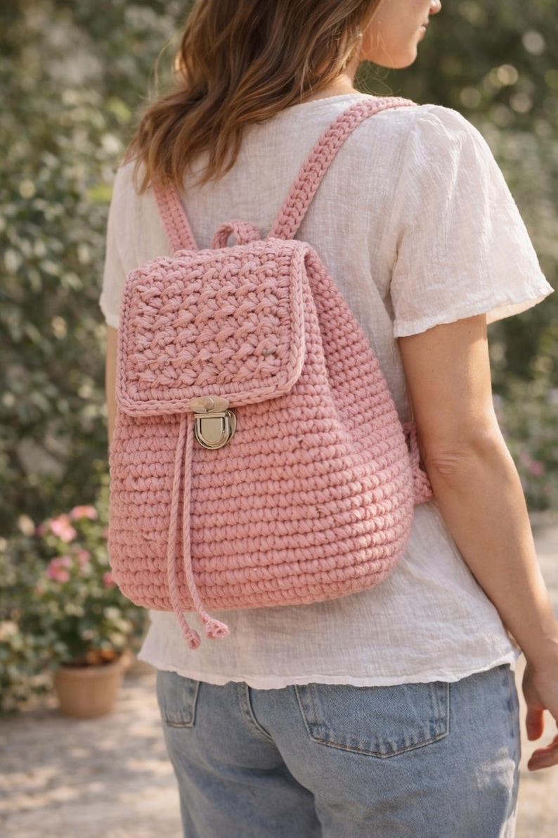 K&ouml;nnte beinhalten: Ein rosa geh&auml;kelter Rucksack mit Klappenverschluss und verstellbaren Tr&auml;gern. Die Tasche hat ein gewebtes Muster auf der Klappe und dem K&ouml;rper, mit einem Kordelzugverschluss und einem silberfarbenen Verschluss. Der Rucksack ist aus weichem, strukturiertem Material.