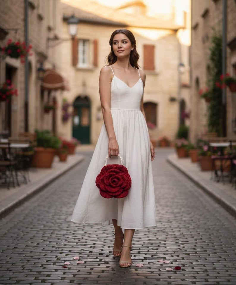 K&ouml;nnte beinhalten: Eine Frau in einem wei&szlig;en Kleid geht eine Kopfsteinpflasterstra&szlig;e entlang und h&auml;lt eine rote, rosenf&ouml;rmige Handtasche. Das Kleid hat einen V-Ausschnitt und Spaghettitr&auml;ger. Die Handtasche ist tiefrot und hat einen Perlenhenkel. Im Hintergrund sind Geb&auml;ude und Topfpflanzen zu sehen.