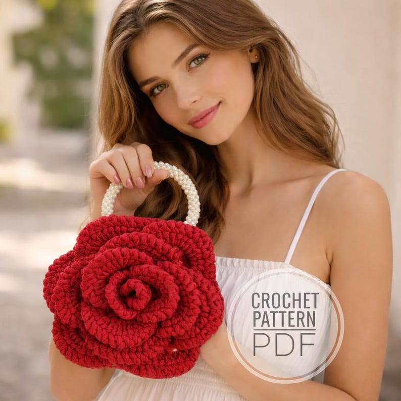 K&ouml;nnte beinhalten: Eine rote H&auml;keltasche in Rosenform mit einem wei&szlig;en Perlenhenkel. Die Tasche wird gehalten. Der Text "CROCHET PATTERN PDF" befindet sich in einem wei&szlig;en Kreis.
