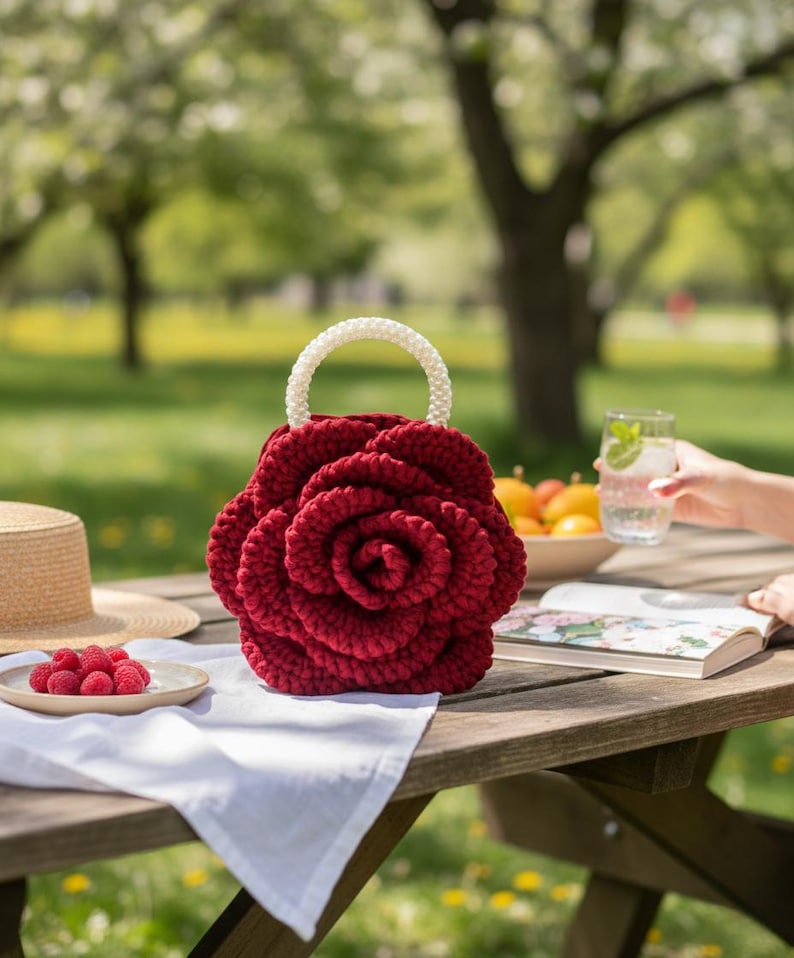 K&ouml;nnte beinhalten: Eine handgefertigte, tiefrote H&auml;keltasche in Rosenform mit einem wei&szlig;en Perlenhenkel. Die Tasche steht auf einem Picknicktisch aus Holz mit einem wei&szlig;en Tuch, Himbeeren und einem Strohhut. Der Hintergrund ist ein verschwommener gr&uuml;ner Park.