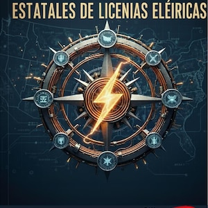 Könnte beinhalten: Buchcover mit dem Titel "DIRECTORIO DE STATE ESTATALES DE LICENIAS ELÉIRICAS" in goldener Schrift. Das Cover zeigt ein Kompassdesign mit einem Blitz in der Mitte. Der Text "Cubre los 50 estados" und "Actualizaciones 2025" ist ebenfalls sichtbar.