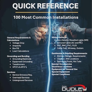 Może przedstawiać: Książka zatytułowana "ELECTRICIANS QUICK REFERENCE" z tekstem "100 Most Common Installations". Okładka przedstawia niebiesko-biały wzór błyskawicy i wymienia tematy takie jak metody okablowania i uziemienie. Oparta na NEC 2023.