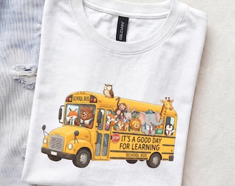 T-shirt « Bonne journée d'apprentissage », T-shirt humoristique avec un bus scolaire et des animaux, T-shirt de rentrée scolaire, T-shirt pour enseignants