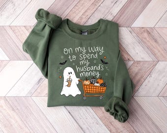 Sweat-shirt fantôme d'Halloween « Dépensez l'argent de mon mari », pull ras du cou drôle et effrayant avec citrouille et femme