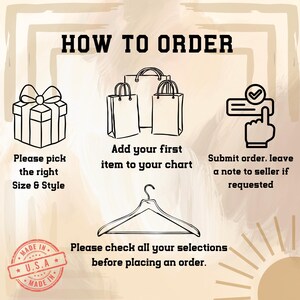 The image is a step-by-step guide on how to order items, including a gift box, shopping bags, and a clothing hanger. It provides instructions on how to add items to a chart, submit an order, and check selections before placing an order.