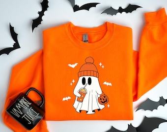 Ghost Iced Coffee Sweater/ Shirt, Cute Halloween Ghost Tee, Spooky Coffee Lover Hoodie, Little Ghost Fall Sweatshirt, Caffeine Halloween Tee