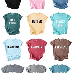 a collection of twelve t-shirts in various colors and styles, arranged in a grid pattern.