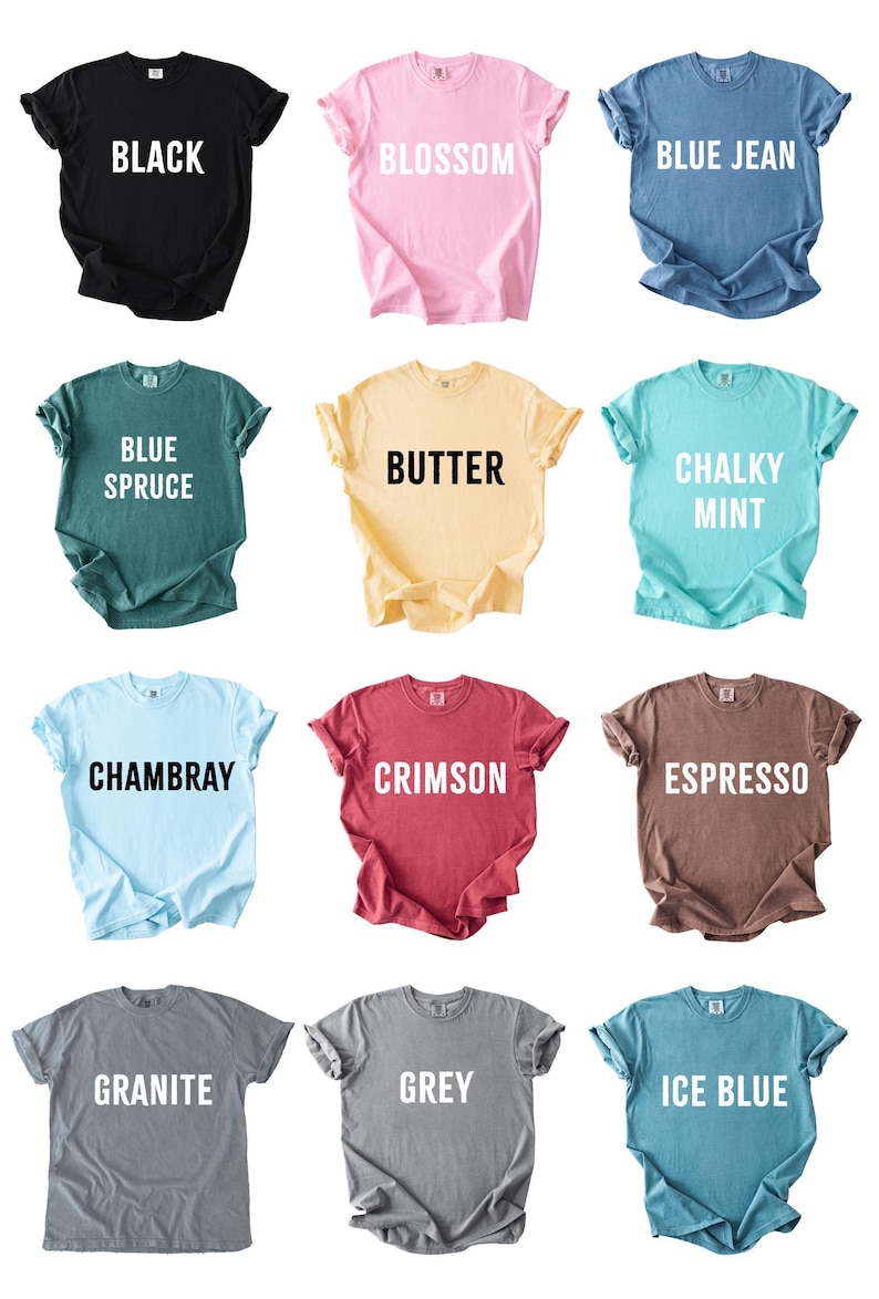 a collection of twelve t-shirts in various colors and styles, arranged in a grid pattern.