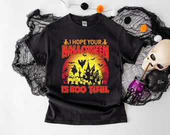 Boo-tiful Autumn Party Apparel,Spooky Season Sweatshirt, Cute Retro Halloween Pullover, Vintage Bat Castle Gothic Jumper, Spooky Vibes Gift