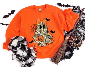 Camo Halloween Ghost Girl Sweater/Shirt, Hunting Pumpkin Tshirt, Spooky Season Sweatshirt