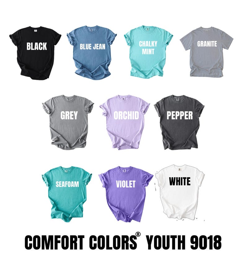 a collection of t-shirts in various colors, including black, blue, green, grey, orchid, pepper, sea foam, violet, and white.