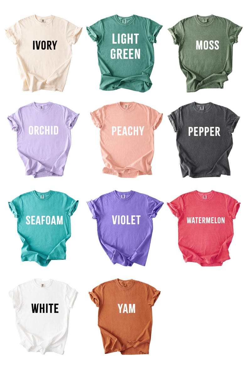 a collection of nine t-shirts in various colors and designs, arranged in a grid pattern.