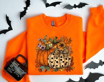 Floral Pumpkin Sweatshirt, Preppy Pumpkin Tshirt, Coquette Pumpkin Tee, Fall Leopard Design, Cozy Autumn Shirt