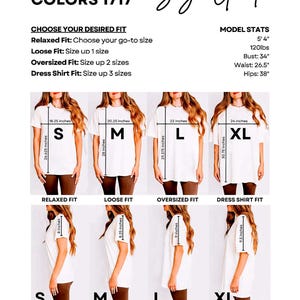 The image is a size guide for a collection of t-shirts, displaying different fit sizes for various styles and body types.