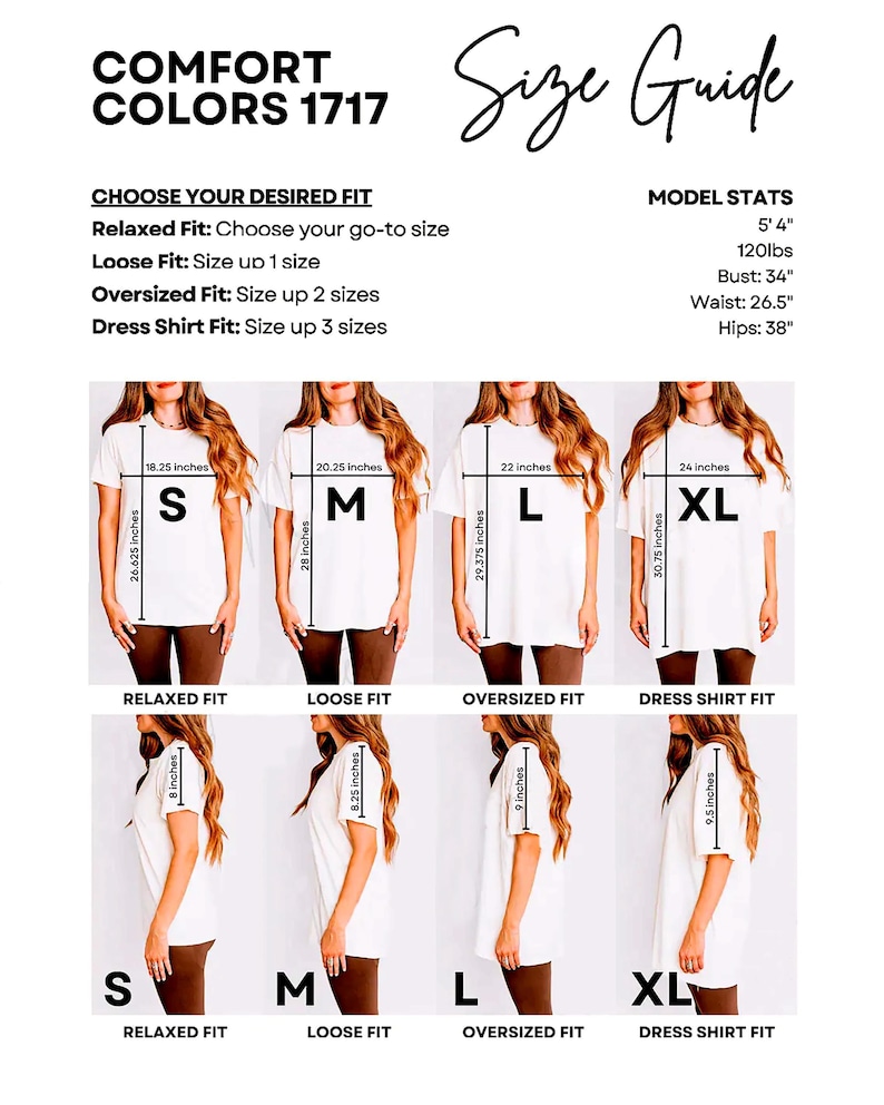 The image is a size guide for a collection of t-shirts, displaying different fit sizes for various styles and body types.