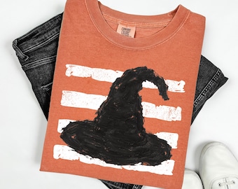Distressed Witches Hat Pumpkin Stripes Finger Paint Comfort Colors® Fall Shirt, Autumn Graphic, Cozy Fall Long Sleeve, Fall Minimalist Mom