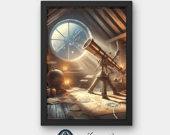 Arte del telescopio de Dark Academia / Impresión del observatorio iluminado por la luna / Decoración astronómica vintage / Descarga digital
