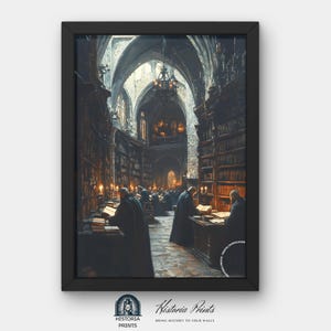 May include: Framed print of a medieval library interior. Monks in dark robes are reading at desks illuminated by candlelight. The image features an arched ceiling and bookshelves, creating a sense of depth. The print is labeled "Historia Prints" and "Bring History to Your Walls."