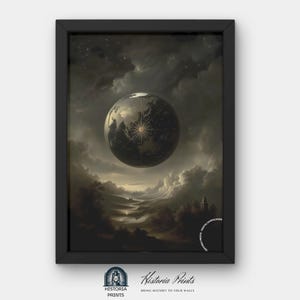 May include: A framed print featuring a celestial globe floating in a cloudy sky. The globe has a compass rose design. The artwork is in a black frame and has the text "Historia Prints" and "Bring History to Your Walls".