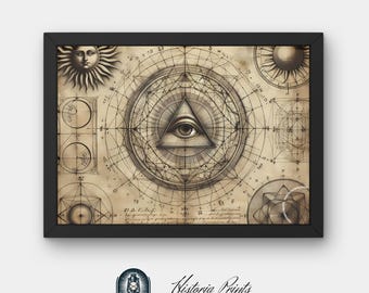 Sacred Geometry Wall Art | Esoteric All-Seeing Eye Diagram | Mystical Sun & Geometry Poster | Digital Download