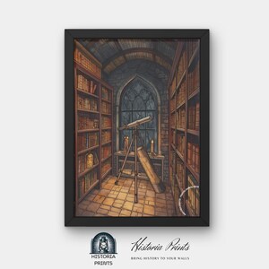 May include: Framed print of a library interior with bookshelves, a telescope, and a window. The artwork features warm tones, with the text "Historia Prints" and "Bring History to Your Walls" at the bottom.