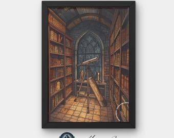 Dark Academia Observatory Art | Vintage Telescope Library Print | Gothic Study Room Decor | Digital Download