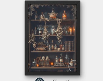 Donkere academische apothekersafdruk | Antieke alchemie plank muurkunst | Vintage apothekersdecoratie | Digitale download