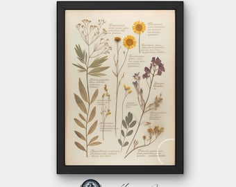 Vintage Herbarium Botanical Print | Sztuka sprasowanych kwiatów | Antyczna ilustracja roślinna | Pobieranie cyfrowe