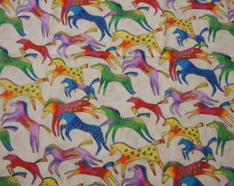 OOP Laurel Burch MYTHICAL HORSES Fabric - Bright Jewel Colored Running Horses on Mottled Cream - 1/2 Yard