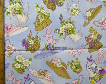 Loralie Harris 2006 Fabric GARDEN GOODIES - One Yard - Scattered Hats & Flowers on Blue