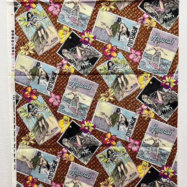 Michael Miller HAWAII Themed Fabric  "Wish You Were Here"  Hula Girls - Surfers - Bathing Beauties